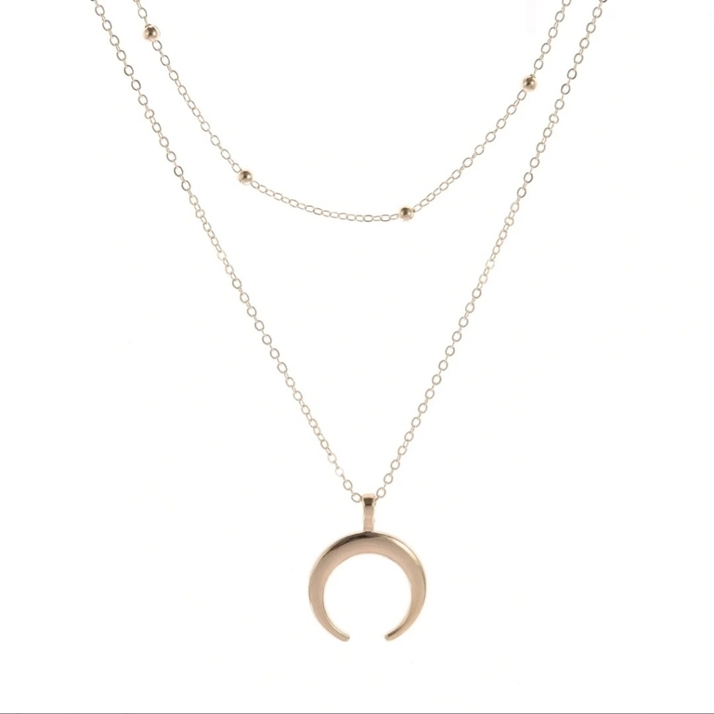Layered Crescent Moon Necklace Gold Tone - Picture 3 of 8